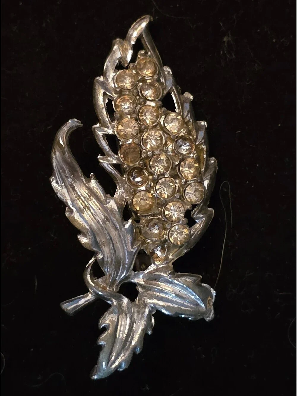 Vintage Silver-Tone Rhinestone Bunch Leaf Cluster Statement Brooch